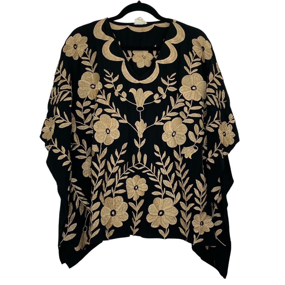 Layers boxy black blouse with gold floral embroidery women's size Small